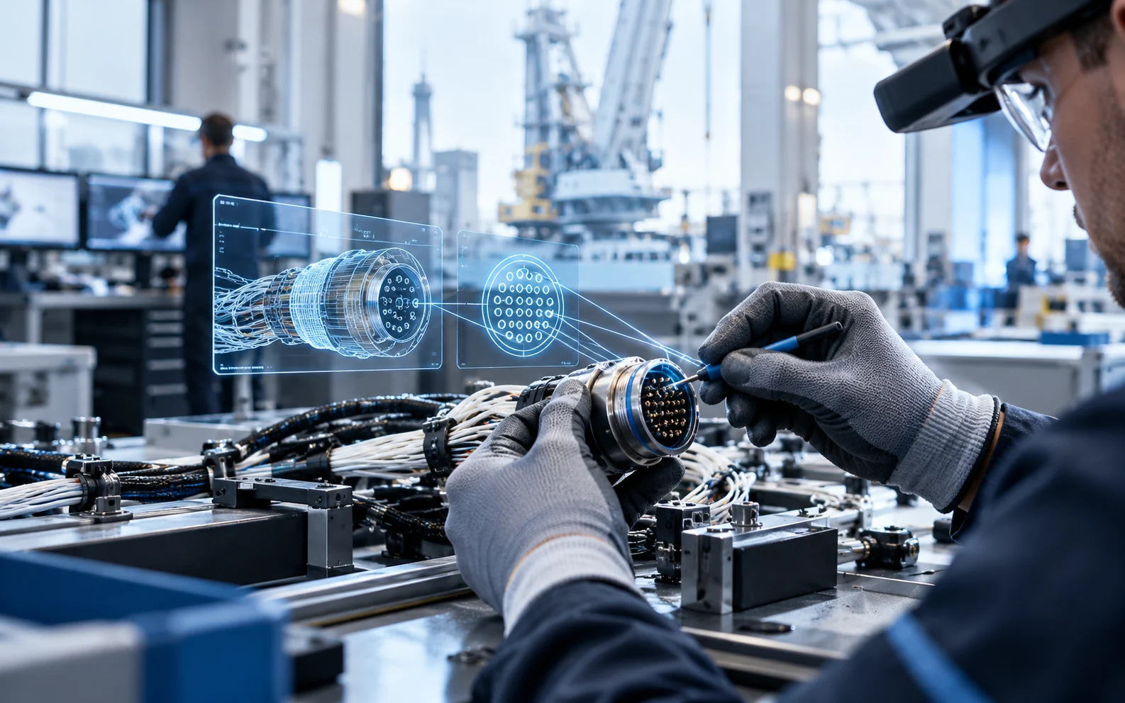 Technicus werkt aan een complexe industriële connector met digitale visuele begeleiding